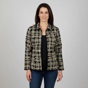 100% Silk Zip-Up Blouse Women's Large Abstract Black/Beige Print Vintage